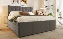 Lit Polster 140x200cm, Lit Familial, Tête Réglable, Grand Rangement, Gris><noscript><img width=