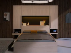 Lit pont 160 x 200 cm avec rangements - Avec LEDs - Coloris : Naturel et noir - VELONA>Vente-unique