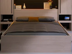 Lit pont 160 x 200 cm avec rangements - Avec LEDs - Coloris : Naturel et noir - VELONA><noscript><img width=