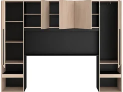 Vente-unique Lit pont 160 x 200 cm avec rangements - Avec LEDs - Coloris : Naturel et noir + Sommier + Matelas - VELONA* Lit Avec Rangement