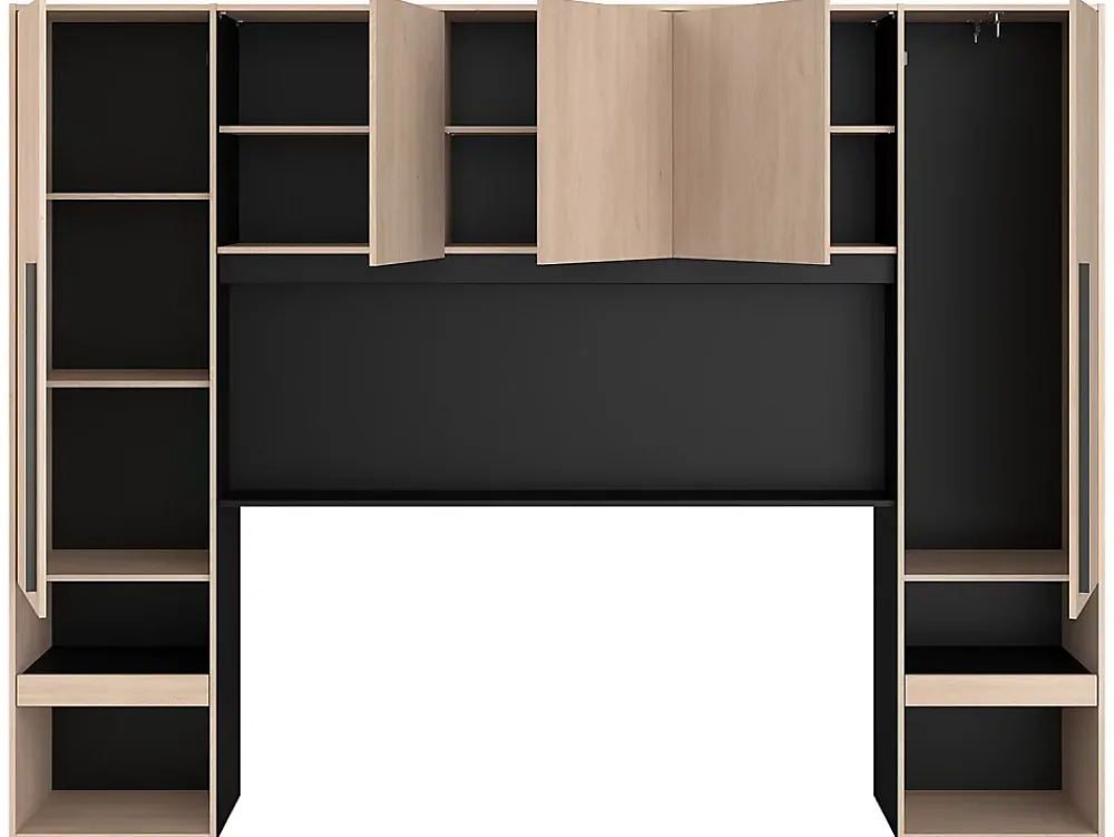 Vente-unique Lit pont 160 x 200 cm avec rangements - Avec LEDs - Coloris : Naturel et noir + Sommier + Matelas - VELONA* Lit Avec Rangement