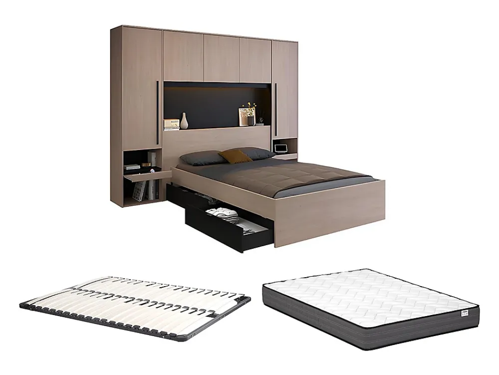 Vente-unique Lit pont 160 x 200 cm avec rangements - Avec LEDs - Coloris : Naturel et noir + Sommier + Matelas - VELONA* Lit Avec Rangement