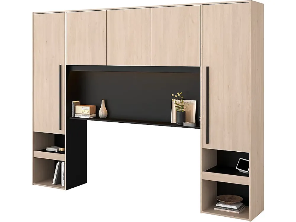 Vente-unique Lit pont 160 x 200 cm avec rangements - Avec LEDs - Coloris : Naturel et noir + Sommier + Matelas - VELONA* Lit Avec Rangement