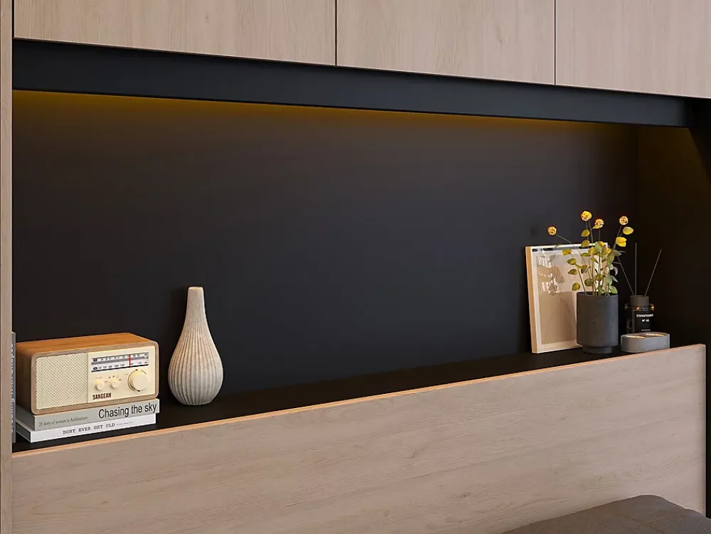 Vente-unique Lit pont 160 x 200 cm avec rangements - Avec LEDs - Coloris : Naturel et noir + Sommier + Matelas - VELONA* Lit Avec Rangement