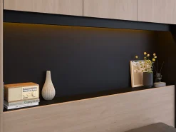Lit pont 140 x 190 cm avec rangements - Avec LEDs - Coloris : Naturel et noir + Sommier - VELONA>Vente-unique Online