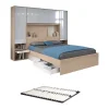 Vente-unique Lit pont 160 x 200 cm avec rangements - avec LEDs - Coloris : Naturel et blanc brillant + Sommier - VELONA* Lit Avec Rangement