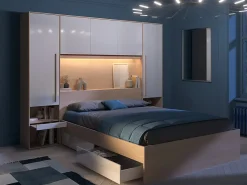 Vente-unique Lit pont 160 x 200 cm avec rangements - avec LEDs - Coloris : Naturel et blanc brillant + Sommier - VELONA* Lit Avec Rangement