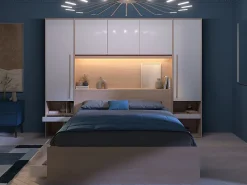 Vente-unique Lit pont 160 x 200 cm avec rangements - avec LEDs - Coloris : Naturel et blanc brillant + Sommier - VELONA* Lit Avec Rangement