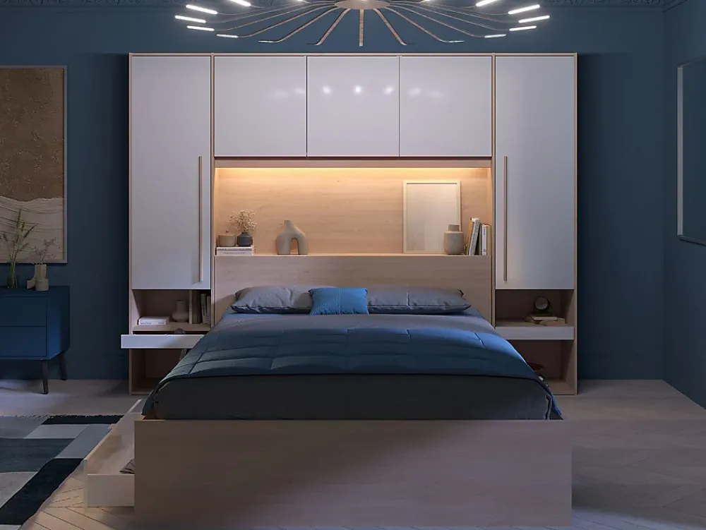 Vente-unique Lit pont 160 x 200 cm avec rangements - avec LEDs - Coloris : Naturel et blanc brillant + Sommier - VELONA* Lit Avec Rangement