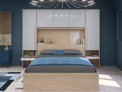 Vente-unique Lit pont 160 x 200 cm avec rangements - avec LEDs - Coloris : Naturel et blanc brillant + Sommier - VELONA* Lit Avec Rangement