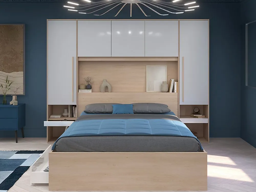 Vente-unique Lit pont 160 x 200 cm avec rangements - avec LEDs - Coloris : Naturel et blanc brillant + Sommier - VELONA* Lit Avec Rangement