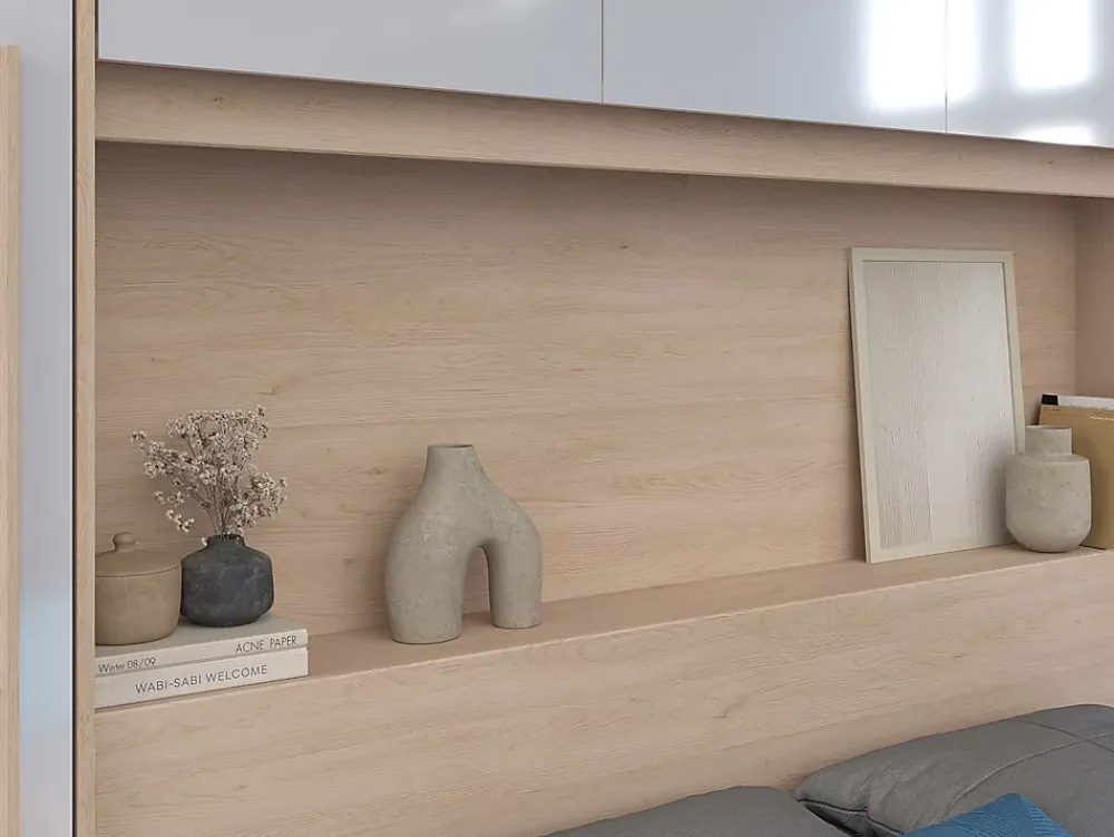 Vente-unique Lit pont 160 x 200 cm avec rangements - avec LEDs - Coloris : Naturel et blanc brillant + Sommier - VELONA* Lit Avec Rangement