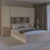 Vente-unique Lit pont 160 x 200 cm avec rangements - Avec LEDs - Coloris : Beige et naturel + Sommier + Matelas - DOMELITO* Lit Avec Rangement