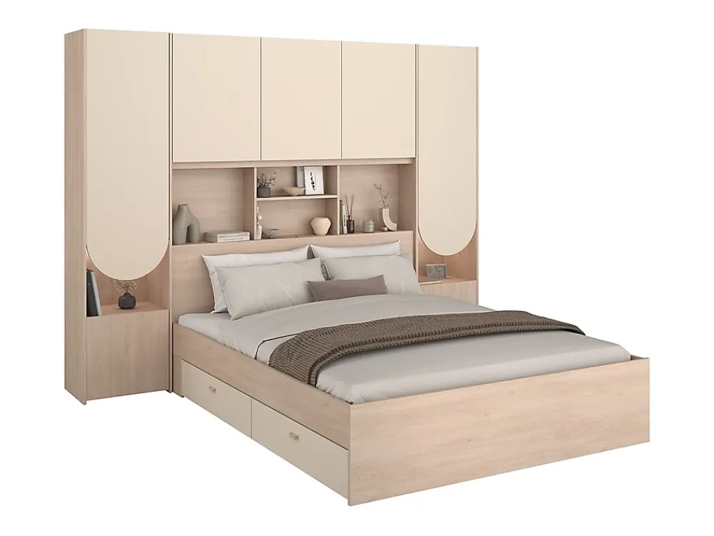 Vente-unique Lit pont 160 x 200 cm avec rangements - Avec LEDs - Coloris : Beige et naturel + Sommier + Matelas - DOMELITO* Lit Avec Rangement