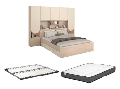 Vente-unique Lit pont 160 x 200 cm avec rangements - Avec LEDs - Coloris : Beige et naturel + Sommier + Matelas - DOMELITO* Lit Avec Rangement