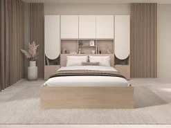 Vente-unique Lit pont 160 x 200 cm avec rangements - Avec LEDs - Coloris : Beige et naturel + Sommier + Matelas - DOMELITO* Lit Avec Rangement