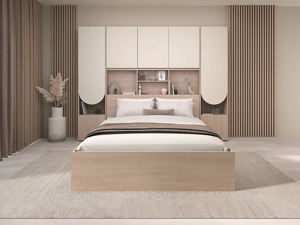 Vente-unique Lit pont 160 x 200 cm avec rangements - Avec LEDs - Coloris : Beige et naturel + Sommier + Matelas - DOMELITO* Lit Avec Rangement