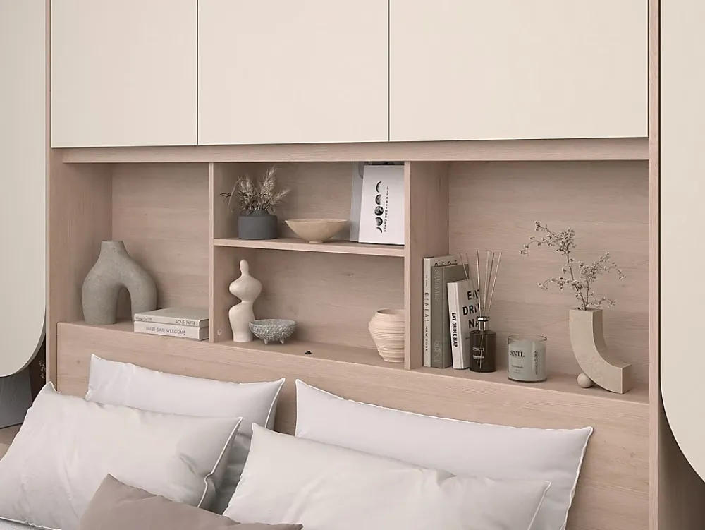 Vente-unique Lit pont 160 x 200 cm avec rangements - Avec LEDs - Coloris : Beige et naturel + Sommier + Matelas - DOMELITO* Lit Avec Rangement