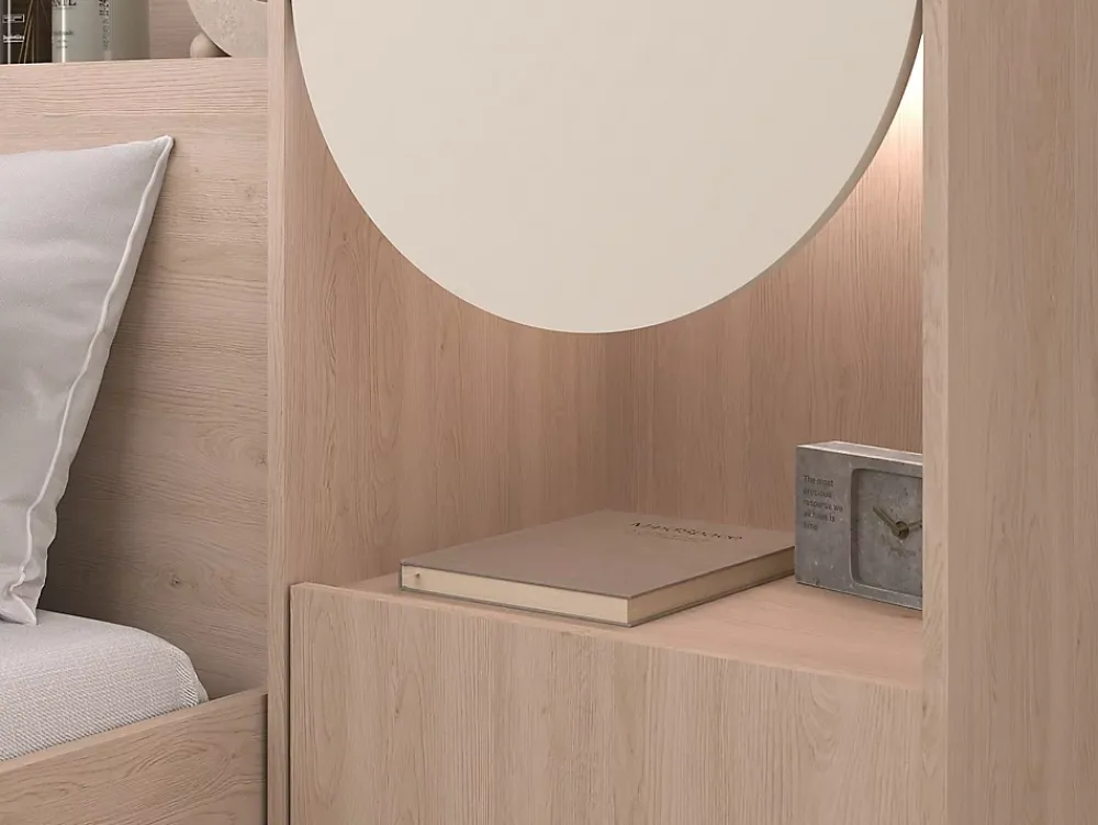 Vente-unique Lit pont 160 x 200 cm avec rangements - Avec LEDs - Coloris : Beige et naturel + Sommier + Matelas - DOMELITO* Lit Avec Rangement