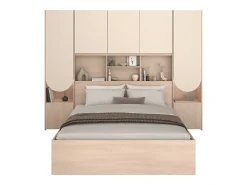 Vente-unique Lit pont 160 x 200 cm avec rangements - Avec LEDs - Coloris : Beige et naturel + Sommier + Matelas - DOMELITO* Lit Avec Rangement