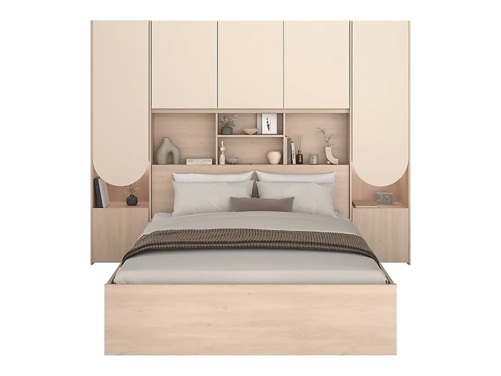 Vente-unique Lit pont 160 x 200 cm avec rangements - Avec LEDs - Coloris : Beige et naturel + Sommier + Matelas - DOMELITO* Lit Avec Rangement