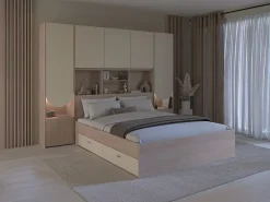 Vente-unique Lit pont 160 x 200 cm avec rangements - Avec LEDs - Coloris : Beige et naturel - DOMELITO* Lit Avec Rangement