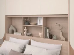 Vente-unique Lit pont 160 x 200 cm avec rangements - Avec LEDs - Coloris : Beige et naturel - DOMELITO* Lit Avec Rangement