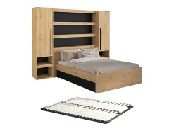 Vente-unique Lit pont 160 x 200 cm avec rangements - Avec LEDs - Coloris : Naturel et noir + Sommier - VARLY* Lit Avec Rangement