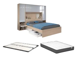 Vente-unique Lit pont 160 x 200 cm avec rangements - avec LEDs - Coloris : Naturel et blanc brillant + Sommier + Matelas - VELONA* Lit Avec Rangement