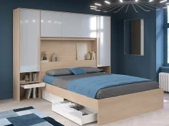 Vente-unique Lit pont 160 x 200 cm avec rangements - avec LEDs - Coloris : Naturel et blanc brillant + Sommier + Matelas - VELONA* Lit Avec Rangement