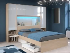 Vente-unique Lit pont 160 x 200 cm avec rangements - avec LEDs - Coloris : Naturel et blanc brillant + Sommier + Matelas - VELONA* Lit Avec Rangement