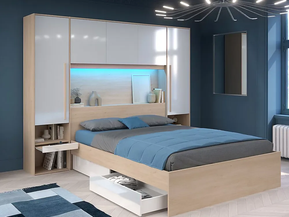 Vente-unique Lit pont 160 x 200 cm avec rangements - avec LEDs - Coloris : Naturel et blanc brillant + Sommier + Matelas - VELONA* Lit Avec Rangement