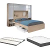 Lit pont 140 x 190 cm avec rangements - avec LEDs - Coloris : Naturel et blanc brillant + Sommier + Matelas - VELONA>Vente-unique Best