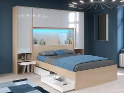 Lit pont 140 x 190 cm avec rangements - avec LEDs - Coloris : Naturel et blanc brillant + Sommier + Matelas - VELONA>Vente-unique Best