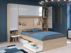 Lit pont 140 x 190 cm avec rangements - avec LEDs - Coloris : Naturel et blanc brillant + Sommier + Matelas - VELONA><noscript><img width=