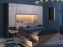Lit pont 140 x 190 cm avec rangements - avec LEDs - Coloris : Naturel et blanc brillant + Sommier + Matelas - VELONA><noscript><img width=