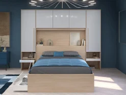 Lit pont 140 x 190 cm avec rangements - avec LEDs - Coloris : Naturel et blanc brillant + Sommier + Matelas - VELONA><noscript><img width=