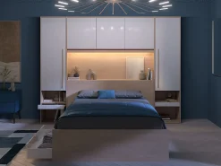 Lit pont 140 x 190 cm avec rangements - avec LEDs - Coloris : Naturel et blanc brillant + Sommier + Matelas - VELONA><noscript><img width=
