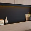 Vente-unique Lit pont 160 x 200 cm avec rangements - Avec LEDs - Coloris : Naturel et noir + Sommier - VELONA* Lit Avec Rangement