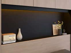 Vente-unique Lit pont 160 x 200 cm avec rangements - Avec LEDs - Coloris : Naturel et noir + Sommier - VELONA* Lit Avec Rangement