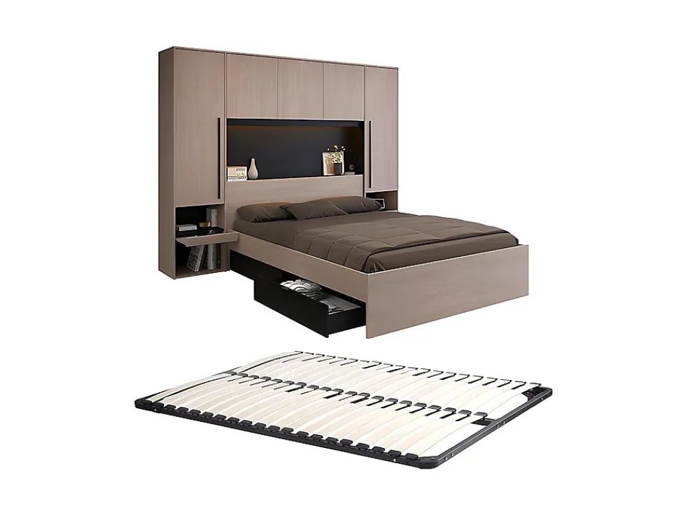 Vente-unique Lit pont 160 x 200 cm avec rangements - Avec LEDs - Coloris : Naturel et noir + Sommier - VELONA* Lit Avec Rangement
