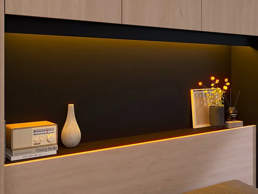 Vente-unique Lit pont 160 x 200 cm avec rangements - Avec LEDs - Coloris : Naturel et noir + Sommier - VELONA* Lit Avec Rangement
