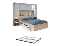 Lit pont 140 x 190 cm avec rangements - avec LEDs - Coloris : Naturel et blanc brillant + Sommier - VELONA>Vente-unique Sale