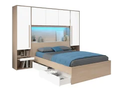 Lit pont 140 x 190 cm avec rangements - avec LEDs - Coloris : Naturel et blanc brillant + Sommier - VELONA><noscript><img width=