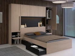 Lit pont 140 x 190 cm avec rangements - Avec LEDs - Coloris : Naturel et noir + Sommier + Matelas - VELONA><noscript><img width=