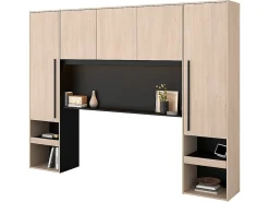 Lit pont 140 x 190 cm avec rangements - Avec LEDs - Coloris : Naturel et noir + Sommier + Matelas - VELONA><noscript><img width=