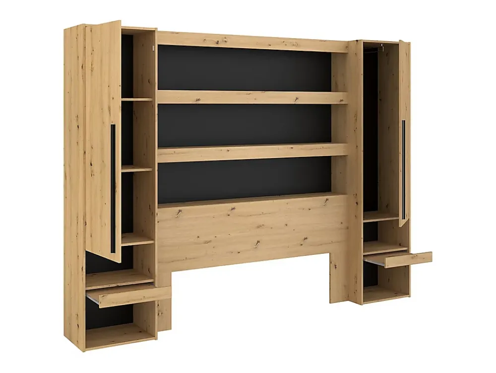 Vente-unique Lit pont 140 x 190/200 cm avec rangements - Avec LEDs - Coloris : Naturel et noir + Sommier + Matelas - VARLY* Lit Avec Rangement
