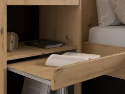 Vente-unique Lit pont 140 x 190/200 cm avec rangements - Avec LEDs - Coloris : Naturel et noir + Sommier + Matelas - VARLY* Lit Avec Rangement