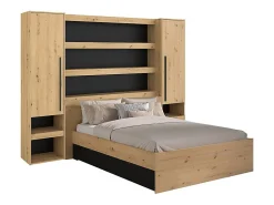 Lit pont 160 x 200 cm avec rangements - Avec LEDs - Coloris : Naturel et noir - VARLY>Vente-unique Outlet
