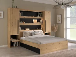 Lit pont 160 x 200 cm avec rangements - Avec LEDs - Coloris : Naturel et noir - VARLY>Vente-unique Outlet